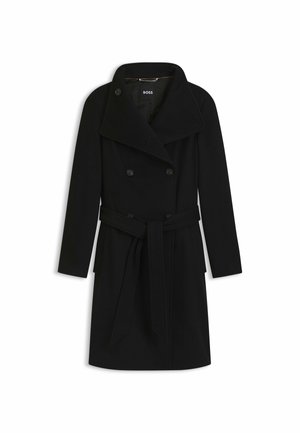 Black double-breasted long coat with wide lapels, button closure, belted waist, and side pockets, laid flat on a white background.