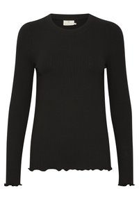 Czarny prążkowany longsleeve z okrągłym dekoltem i falbaniastym wykończeniem. Wykonany z miękkiego materiału, ma dopasowane rękawy i fakturowaną powierzchnię.