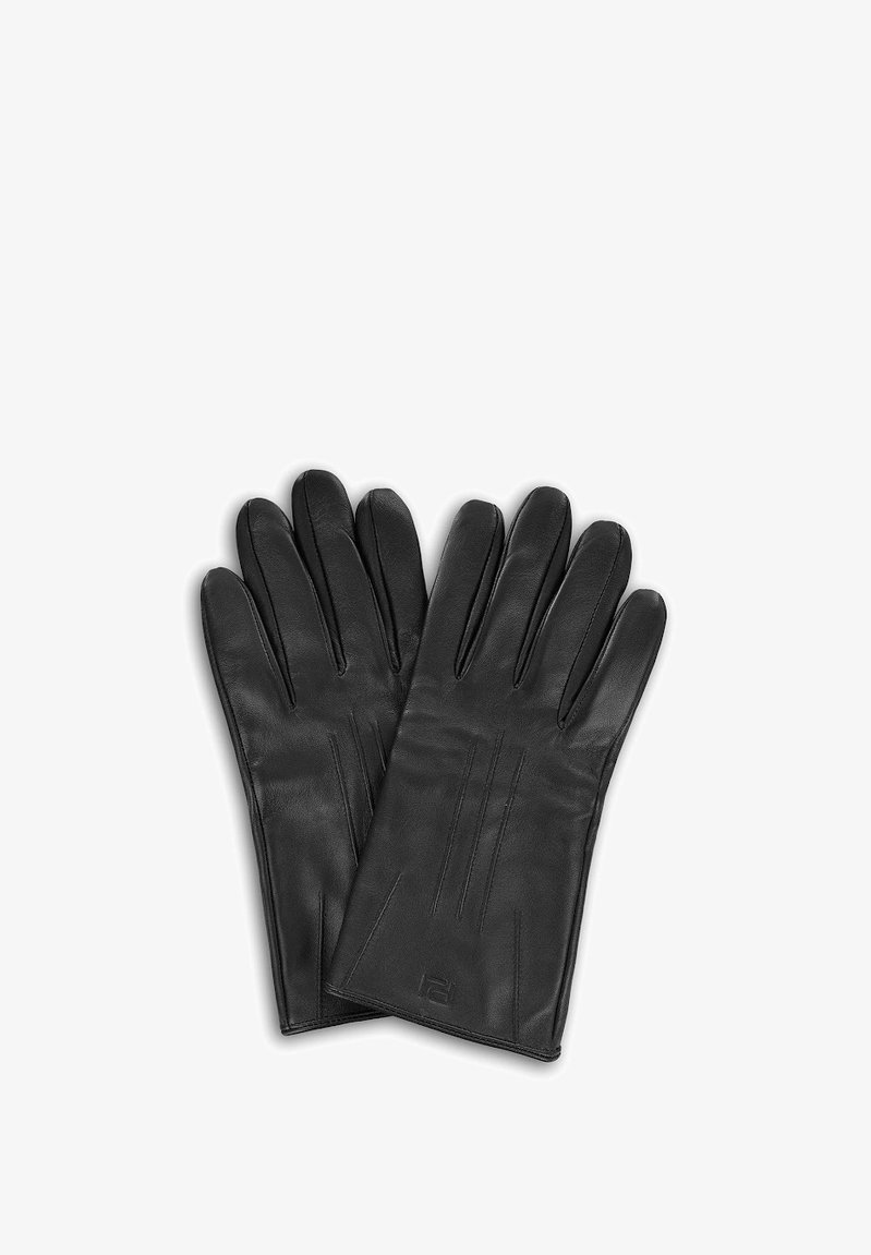 Czarne skórzane rękawiczki o gładkiej fakturze, z pięcioma palcami i subtelnymi detalami przeszyć na wierzchu, które dodają ciekawostki.
