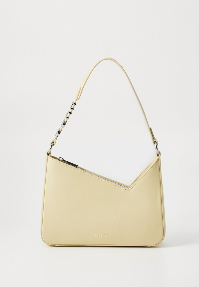 Yellow leather shoulder bag with a V-shaped design, featuring a smooth texture, zip closure, and a chain-accented strap.