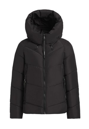 Chaqueta puffer negra con capucha alta y desmontable, frente con cierre y bolsillos laterales. Presenta un patrón de acolchado diagonal y una textura suave.
