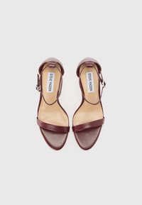 Sandales à talons hauts bordeaux avec une finition en cuir lisse, un design à bout ouvert et une fine bride de cheville avec un détail de boucle en argent.