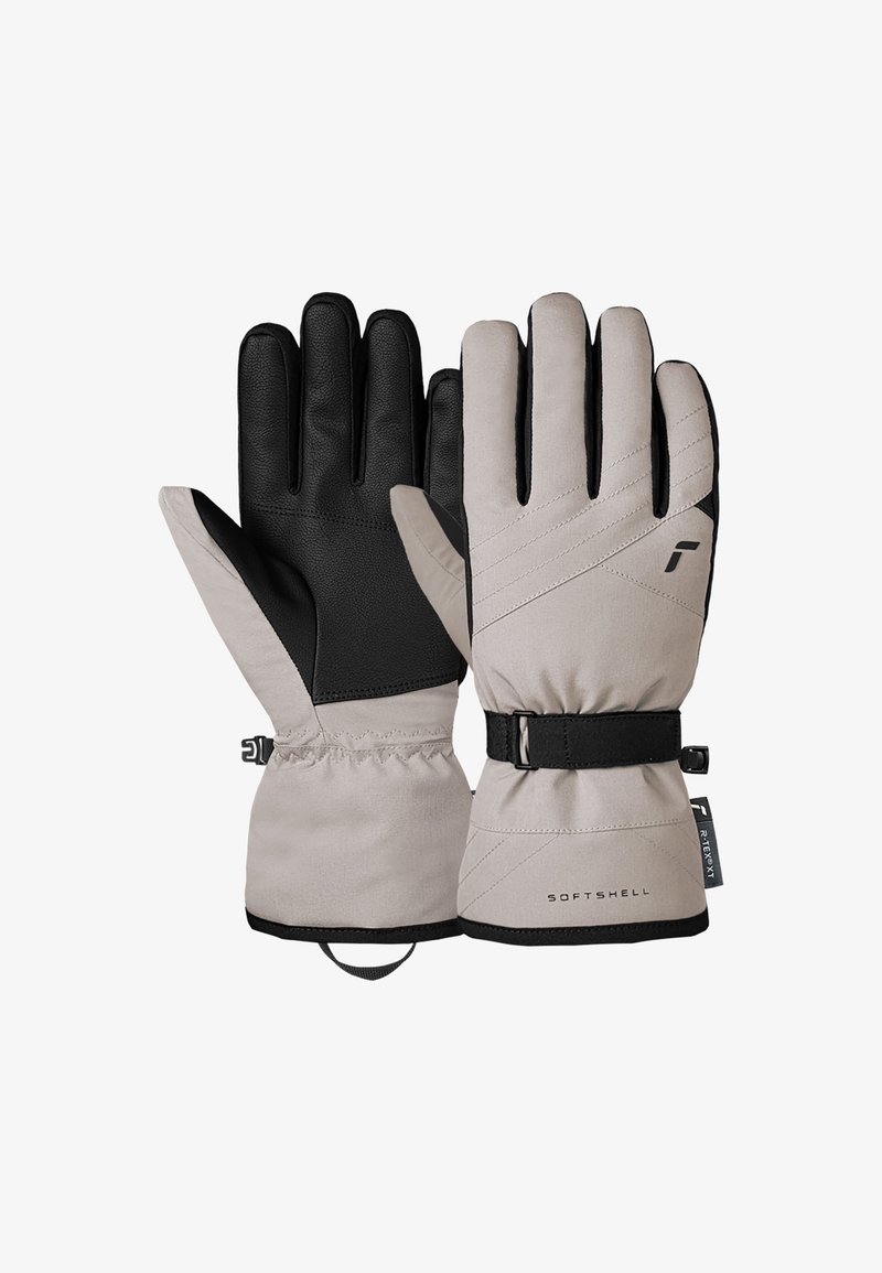 Gloves with a soft shell design, combining light beige and black materials. Features include flexible fingers, elastic wrist, and adjustable strap.