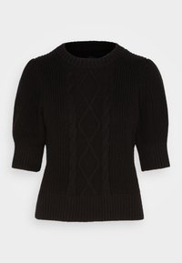 Pull en tricot noir avec un col rond et des manches courtes bouffantes. Texturé avec un motif en cable sur le devant et un ourlet côtelé.