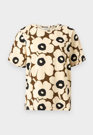 Short-sleeve beige T-shirt with large brown and black abstract flower pattern, round neckline, displayed on plain background.
