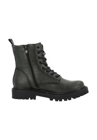 Grüner Lederknöchelstiefel mit Schnürung und Reißverschluss, Gummisohle mit Profil für Grip und einer Lasche auf der Rückseite zum einfachen Anziehen.