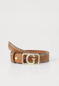 Cintura in pelle marrone con sovrapposizione di tessuto decorato, dotata di una fibbia dorata a forma di G e una texture liscia, adatta per diversi outfit.