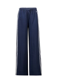 Navy wide-leg pants made of soft fabric, featuring a drawstring waist and white side stripes for contrast. Includes a small logo detail.