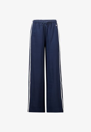 Pantalones de pierna ancha de color navy, confeccionados en una tela suave, con una cintura con cordón y franjas laterales blancas para contraste. Incluye un pequeño detalle de logo.