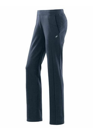 Navy blue athletic pants with a smooth texture, featuring a mid-rise waistband and side pockets. Subtle logo on the lower leg.