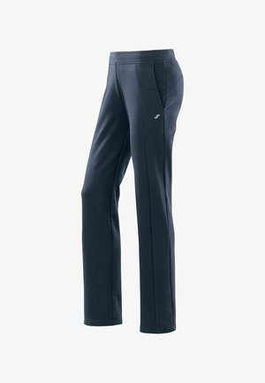 Marineblaue Sporthose mit glatter Textur, mittelhohem Bund und Seitentaschen. Deutliches Logo am unteren Bein.