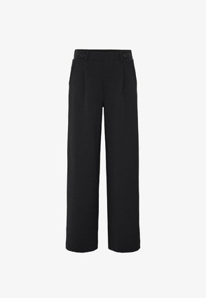 Pantaloni neri a gamba larga con vita alta, dotati di due tasche anteriori e due bottoni. Realizzati in un tessuto liscio con una finitura sartoriale.