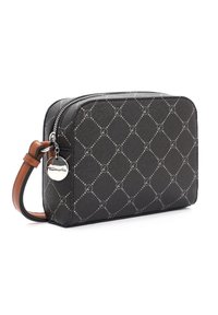 Borsa a tracolla sintetica nera con motivo a diamante e dettagli grigi. Dotata di chiusura con zip e tracolla staccabile marrone. Dettaglio del logo argentato.