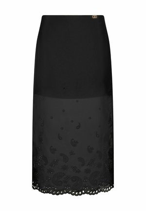 Black skirt featuring a textured upper section and a sheer lower section with paisley patterns, finished with a scalloped hem.