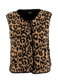 Gilet in stampa leopardata realizzato in tessuto soffice e testurizzato, con dettagli in nero e chiusura a pressione. Senza maniche, design caldo e casual.