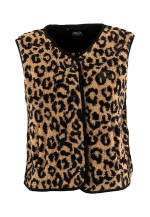 Gilet en imprimé léopard en tissu moelleux et texturé, avec des bordures noires et des détails de fermeture à pression. Sans manches, design chaud et décontracté.