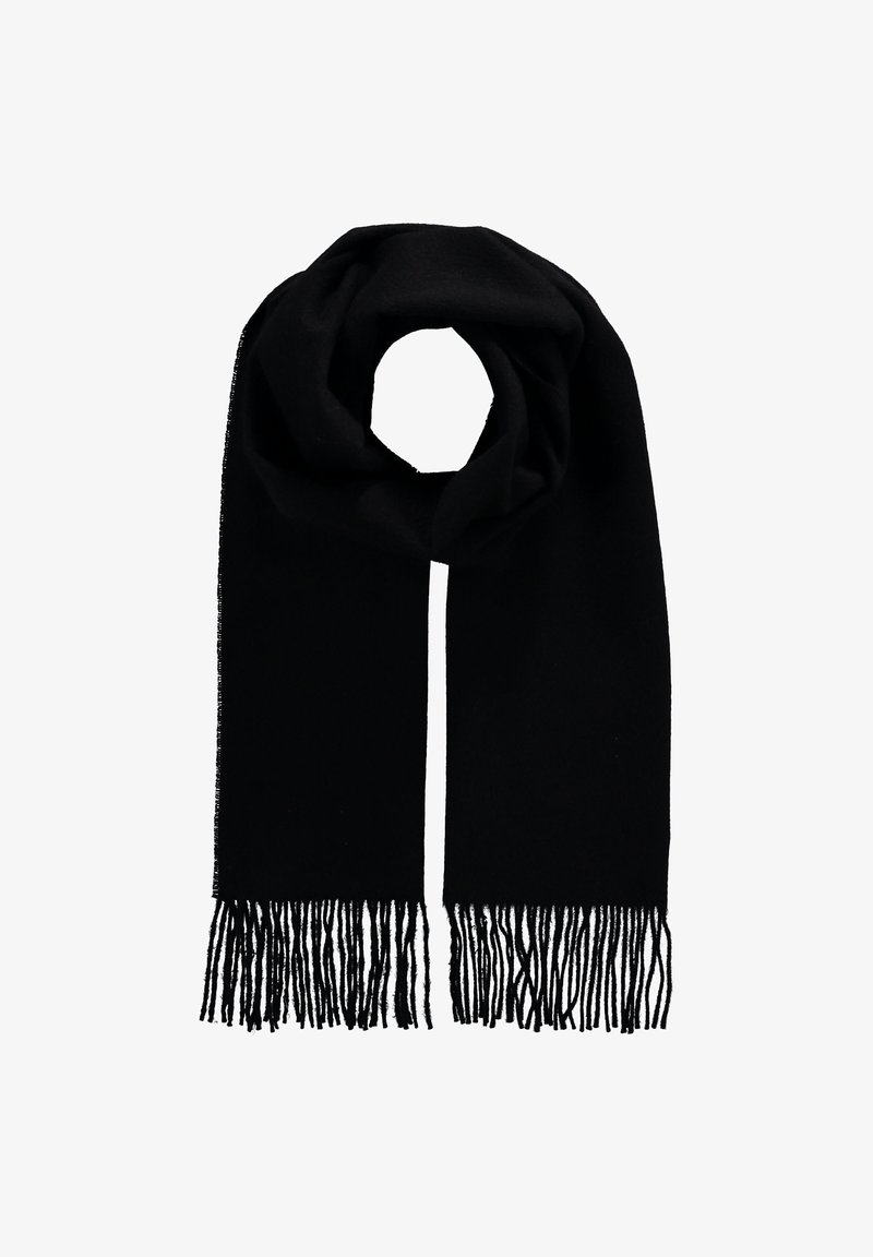 Écharpe noire en tissu doux, avec une texture lisse et des bords à franges délicates pour un détail supplémentaire. Aucun motif ni accessoire présent.