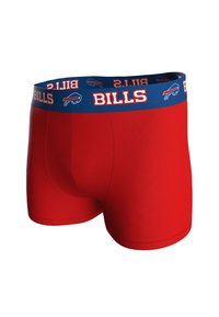 Red boxer shorts made of soft, stretchy fabric. Features a blue waistband with "BILLS" and logo in white, offering a snug fit.