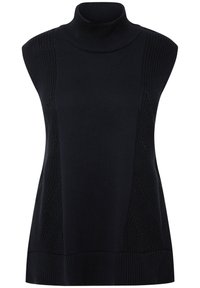 Maglione senza maniche nero con colletto alto, caratterizzato da un motivo tessuto texturizzato sui lati e dettagli a costine sul collo e sull'orlo.