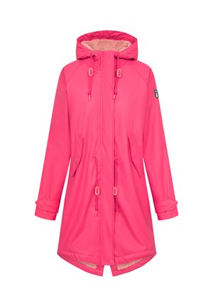 Veste rose vif avec capuche, dotée d'un intérieur doux, de deux poches avant et de cordons de serrage réglables à la taille et à la capuche.