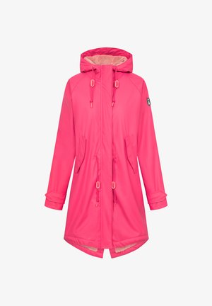 Lys pink jakke med hætte, der har en blød foret indvendig del, to forlommer og justerbare snore i taljen og hætten.