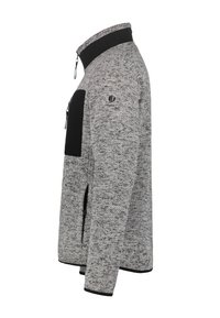 Gray and black jacket with a high collar, zippered front, and pockets. Textured fabric, fitted design, and contrasting black accents.