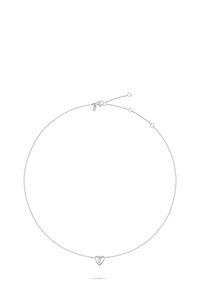 Collana d'argento con catena sottile, con un piccolo ciondolo a forma di cuore. Il cuore ha una superficie liscia ed è posizionato centralmente sulla catena.