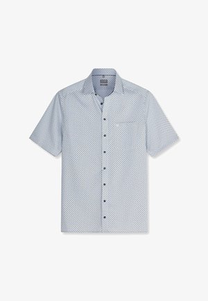 Hellblaues Kurzarmhemd mit einem kleinen dunklen Kreis-Muster, klassischem Kragen und Brusttasche vorne.