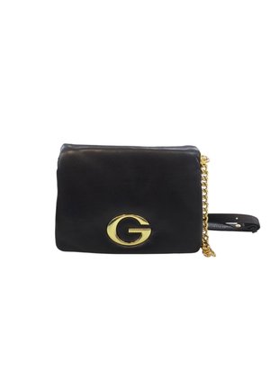 Borsa a mano in pelle nera con un prominente logo dorato "G", caratterizzata da una catena dorata e una tracolla staccabile. Texture liscia, forma rettangolare.