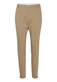 Beige slim-fit byxor med en jämn textur, med sidfickor, platt front och skräddarsydd midja.