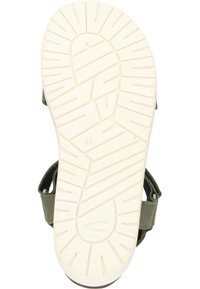 Sandale verte à brides avec semelle extérieure en caoutchouc blanc ; dotée d'un motif de semelle texturé et de la taille 38 en relief. Design minimaliste, ouverte à l'arrière.