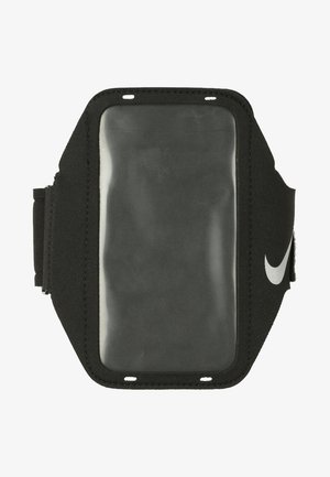 Faixa atlética preta para o braço com uma janela transparente para o telefone. Feita de material elástico, com um logotipo refletor e tiras ajustáveis.