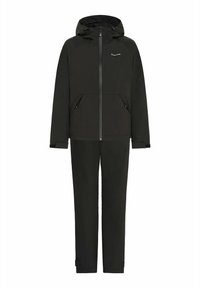 Black waterproof jacket and pants set, featuring a hood, zippered pockets, and adjustable cuffs. Smooth texture and minimalistic design.