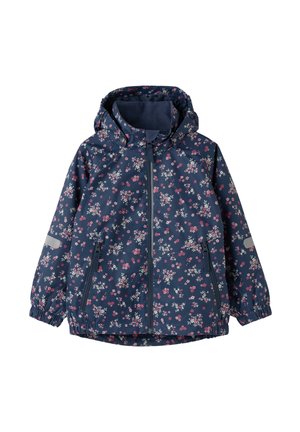 Mørkeblå børnejakke med hætte med pink og hvidt blomsterprint, lynlås foran, elastiske manchetter og lynlåslommer i siden.