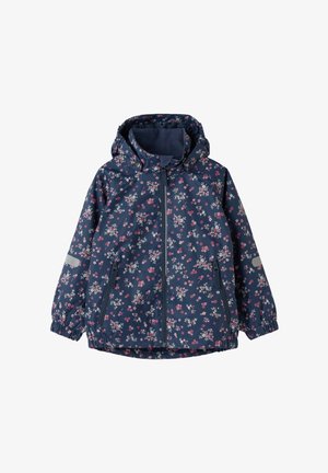Mørkeblå børnejakke med hætte med pink og hvidt blomsterprint, lynlås foran, elastiske manchetter og lynlåslommer i siden.