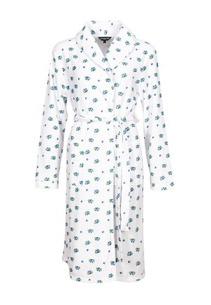 Peignoir blanc en tissu doux, avec un motif floral bleu et vert. Comprend des manches longues, une ceinture et deux poches avant.