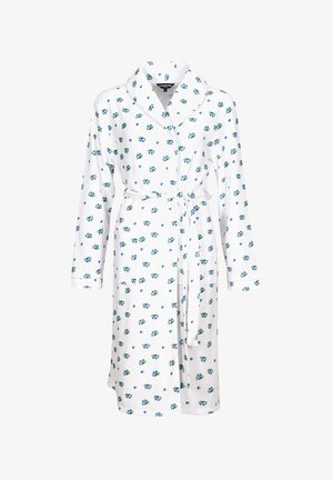 Peignoir blanc en tissu doux, avec un motif floral bleu et vert. Comprend des manches longues, une ceinture et deux poches avant.