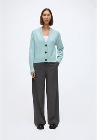 Μιντ πράσινη πλεκτή ζακέτα με ριμπ ζώνες και μαύρα κουμπιά, φορεμένη πάνω από ένα λευκό πουκάμισο, συνδυασμένη με γκρίζες παντελόνες φάρδους και μαύρα παπούτσια.