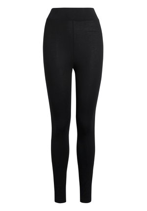 Zwarte leggings met een hoge tailleband, gemaakt van een gladde, rekbare stof, met een aansluitend ontwerp en zonder zichtbare naden.