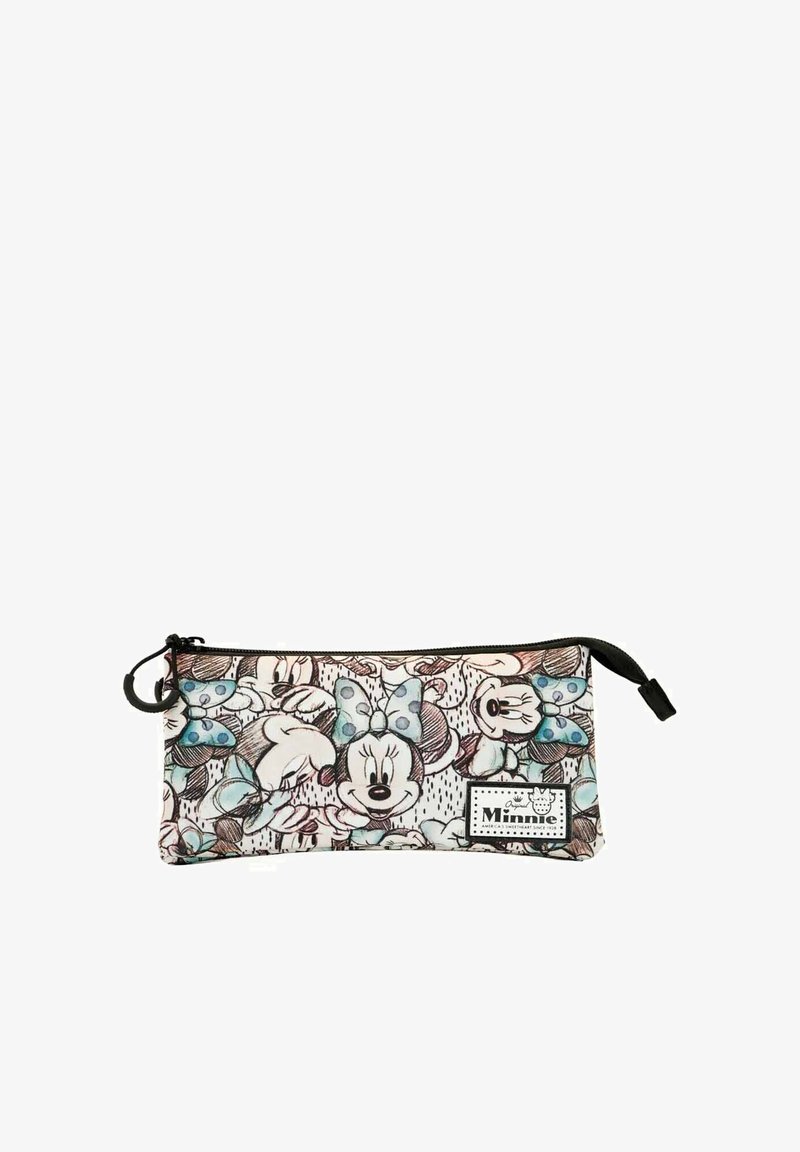 Met rits afgesloten etui met een witte achtergrond, versierd met een herhaald patroon van cartoonfiguren met gestippelde strikken in blauwe en roze tinten.