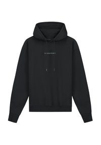 Zwarte hoodie met een ontspannen pasvorm, trekkoorden en de tekst "TO TOMORROWLAND" in lichtblauw op de voorkant. Zachte stofstructuur.