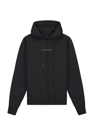 Black hooded sweatshirt with a relaxed fit, drawstrings, and text "TO TOMORROWLAND" in light blue on the front. Soft fabric texture.