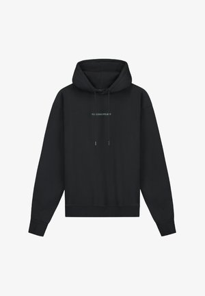 Schwarzer Kapuzenpullover mit lockerer Passform, mit Kordeln und dem Text "TO TOMORROWLAND" in hellblau auf der Vorderseite. Weicher Stoff.
