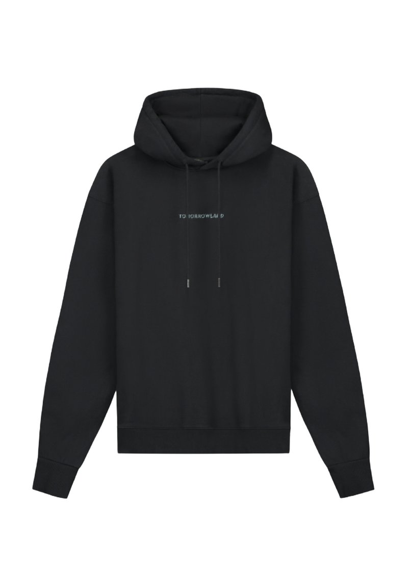 Zwarte hoodie met een ontspannen pasvorm, trekkoorden en de tekst "TO TOMORROWLAND" in lichtblauw op de voorkant. Zachte stofstructuur.