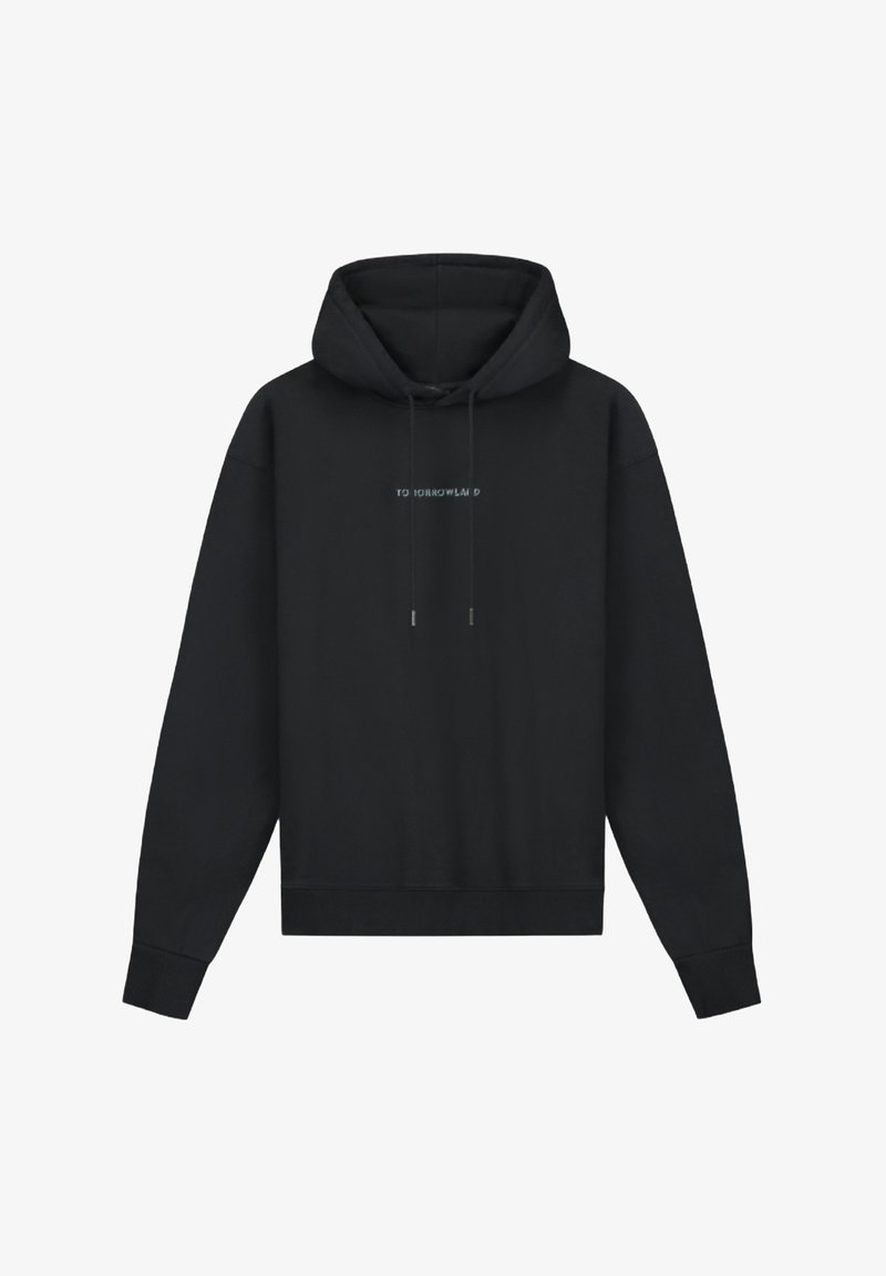 Zwarte hoodie met een ontspannen pasvorm, trekkoorden en de tekst "TO TOMORROWLAND" in lichtblauw op de voorkant. Zachte stofstructuur.
