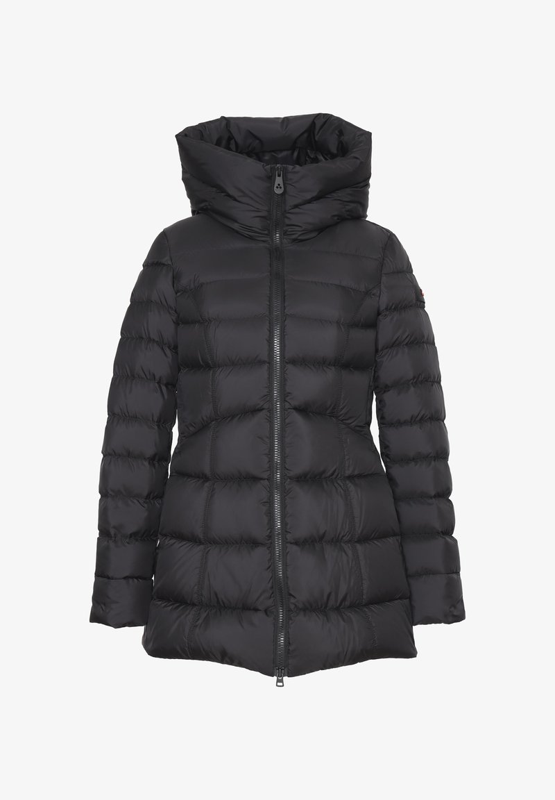 Giacca puffer nera con colletto alto, zip anteriore e pannelli cuciti. Presenta una superficie liscia e lucida e una lunghezza moderata.