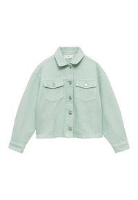 Mintgrüne Denimjacke mit eingewebtem Kragen, vorderem Knopfverschluss, zwei Brusttaschen und langen Ärmeln. Weicher Stoff und verkürzter Schnitt.