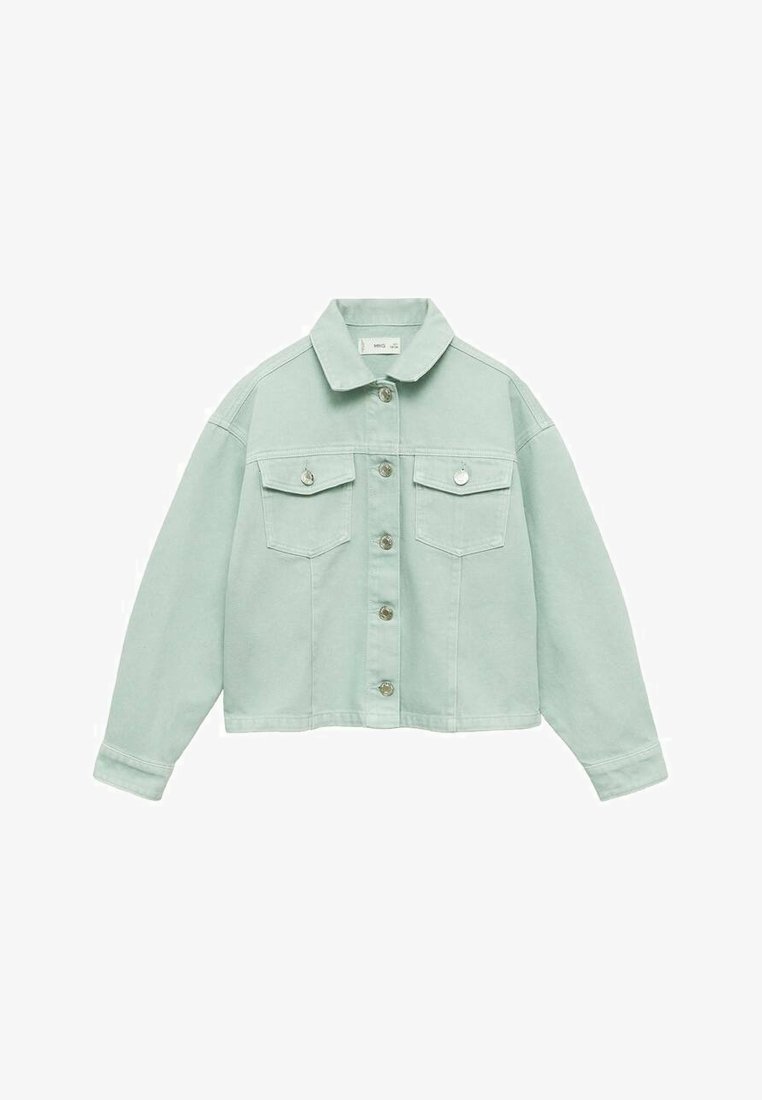 Mintgrön denimjacka med krage, framknäppning med knappar, två bröstfickor och långa ärmar. Mjuk textur och kort passform.