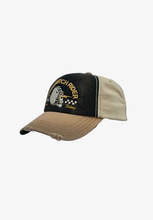 Baseballmütze mit schwarzem Vorderteil und beigem Schirm. Mit gesticktem "Dutch Rider" und grafischen Details. Abgenutzte Textur ist auf dem Schirm sichtbar.
