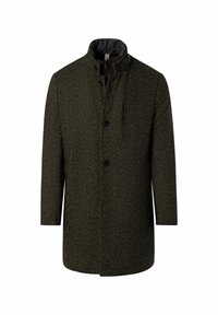 Dunkelgrüner, strukturierter Wollmantel mit Stehkragen, Knopfverschluss und Seitentaschen. Verfügt über ein glattes Innenfutter und einen geraden Schnitt.